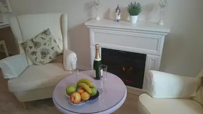a table with a plate of fruit and a bottle of champagne at Excellent Romantic in Prague