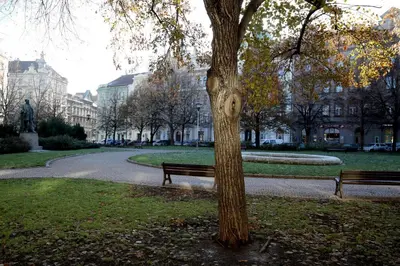 a park with two benches next to a tree at Apartman Dalia Janáčkovo nábřeží in Prague
