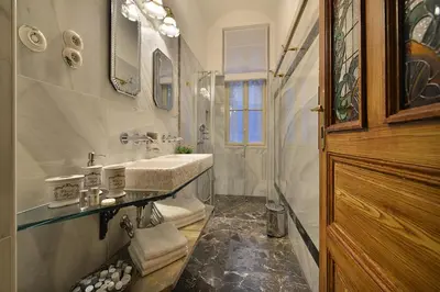 a white bathroom with a sink and a shower at Apartman Dalia Janáčkovo nábřeží in Prague