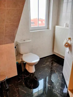 a bathroom with a toilet and a window at Duplex with garden in Prague
