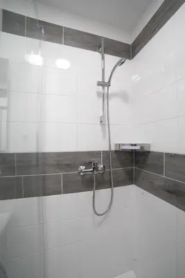 a shower with a hose in a bathroom at Apartments Katarina in Prague