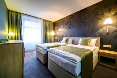 a hotel room with two beds and a window at Hotel Restaurant Darwin in Prague