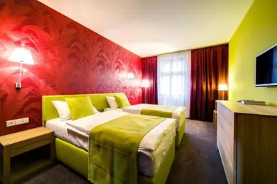 a bedroom with a large bed and a television at Hotel Restaurant Darwin in Prague