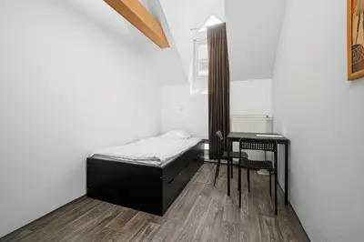 a small room with a bed and a desk at Wellness Rooms Central in Prague