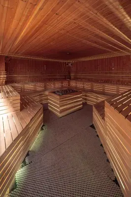 an empty sauna with wooden walls and wooden ceilings at Wellness Rooms Central in Prague