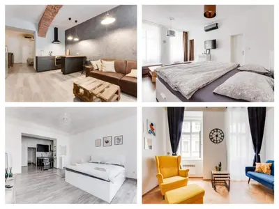 a collage of photos of a bedroom and a living room at Lovely Apartments Heart of Prague in Prague