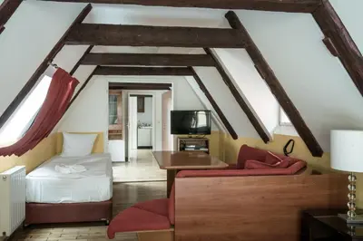 a attic room with a bed and a tv at Charles Bridge Hostel & Apartments in Prague