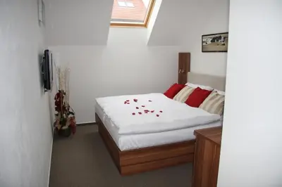 a bedroom with a bed with red roses on it at Art Hotel Podebrady in Poděbrady