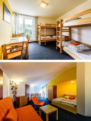 two photos of a bedroom with bunk beds and a living room at Hostel Příběh in Týnec nad Sázavou