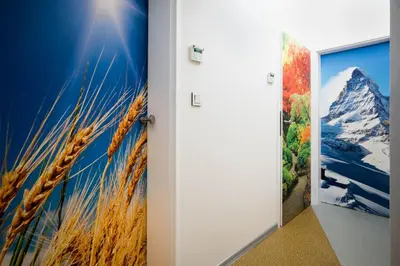 a hallway with a painting of a mountain at Apartment Four Year Seasons - WALKABLE TO CENTRE, METRO AND RIVERSIDE in Prague