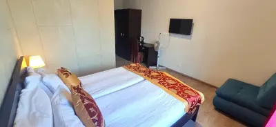 a bedroom with a bed and a couch and a television at Sun-House Pension - ParkingFree Limited spaces- in Prague