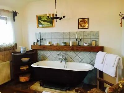 a bathroom with a bath tub in a room at Penzion V polích in Malé Číčovice