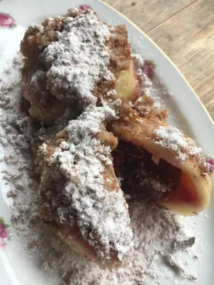 a white plate with a piece of cake with powdered sugar at Penzion V polích in Malé Číčovice