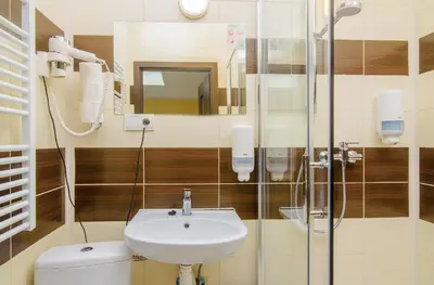 a bathroom with a sink and a toilet and a mirror at Hotel Max in Prague