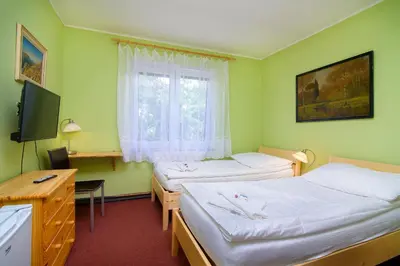 a room with two beds and a tv and a window at Hotel Max in Prague