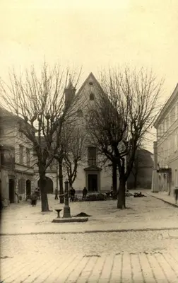 an old black and white photo of a building with trees at U svaté Ludmily in Litoměřice