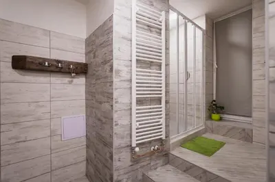 a bathroom with a shower with a green rug at U svaté Ludmily in Litoměřice