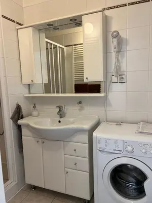 a bathroom with a washing machine and a sink at Celý dům v historickém centru Loun in Louny