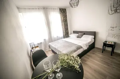 a bedroom with a bed and a table and a bed and window at Prague friendly apartments in Prague in Prague