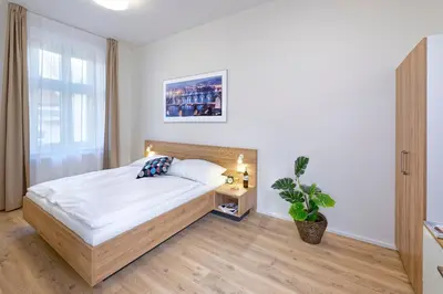 a bedroom with a bed and a potted plant at DownTown Suites Jugoslavska in Prague