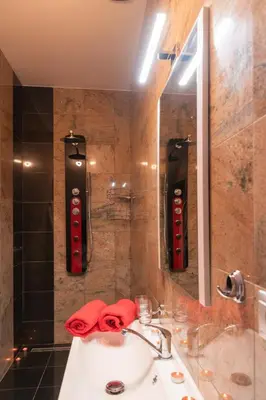 a bathroom with a sink and a mirror at Romantický wellness suite hotel Heinz in Dobříš