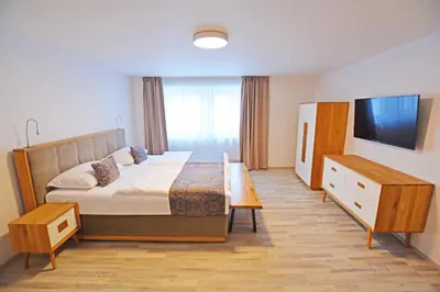 a hotel room with a bed and a flat screen tv at Hotel Karlova Prague - Mostecka 10 st Depandance in Prague