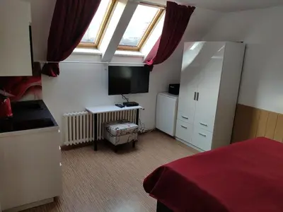 a bedroom with a bed and a desk and a window at Pension Lucie in Prague
