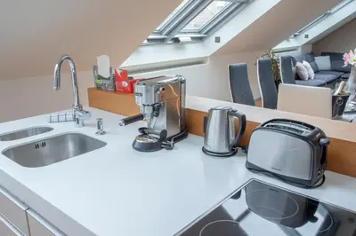 a kitchen with a sink and a microwave at LUXURY CENTRAL DUPLEX WITH TERRACE in Prague