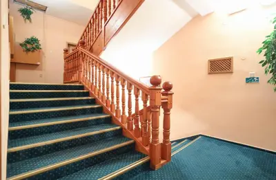 a staircase in a building with green carpet at Hotel Laguna Slapy in Netvořice