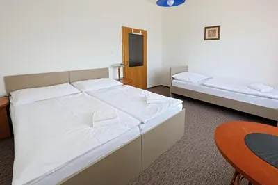 a bedroom with two beds and a chair at Hotel Laguna Slapy in Netvořice
