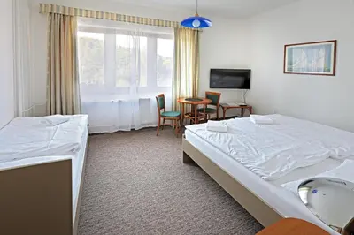 a hotel room with a bed and a table and chairs at Hotel Laguna Slapy in Netvořice