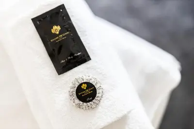 a white towel with two black pins on it at Hotel Oáza Praha in Prague