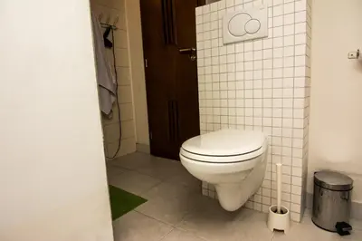 a bathroom with a toilet and a tiled wall at Onefam Míru in Prague
