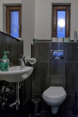 a bathroom with a toilet and a sink at Onefam Míru in Prague