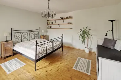 a bedroom with a bed and a potted plant at Zelený statek in Bzová
