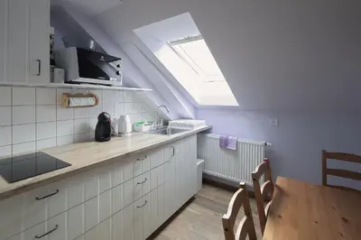 a kitchen with a sink and a table and a window at Zelený statek in Bzová