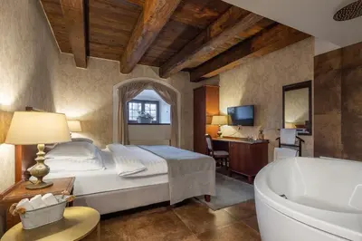 a bedroom with a bed and a bath tub at Pytloun Chateau Hotel Ctěnice in Prague