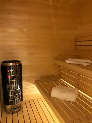a inside of a sauna with a bench in it at Wellness Vila Bohemia in Prague