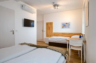 a room with two beds and a desk and a tv at Wellness Vila Bohemia in Prague