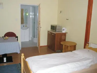 a bedroom with a bed and a bathroom with a shower at Pension Kozel in Ricany