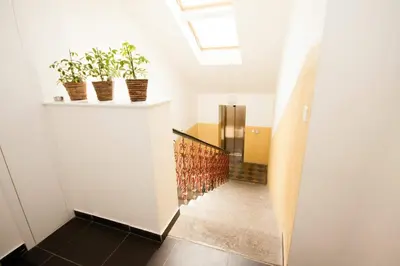 a hallway with a staircase with potted plants at Kozna Loft in Prague