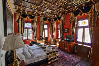 a bedroom with a bed and a tv in it at U Páva in Prague