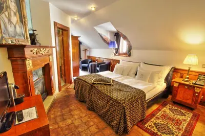 a hotel room with a bed and a fireplace at U Páva in Prague