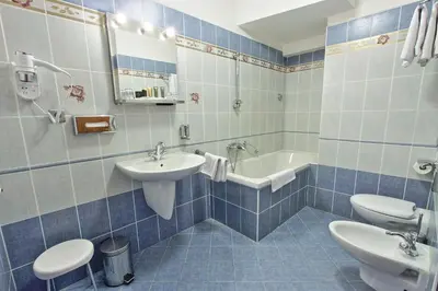 a bathroom with two toilets and a sink and a tub at U Páva in Prague
