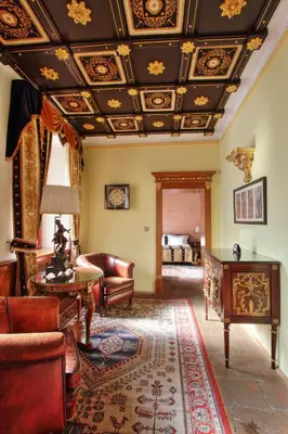 a living room with a coffered ceiling and leather furniture at U Páva in Prague