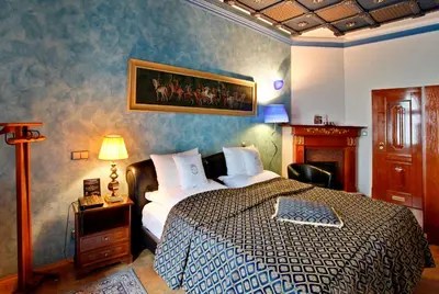 a bedroom with a bed with a blue wall at U Páva in Prague