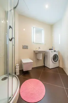 a bathroom with a shower and a washing machine at Quiet apartment in the city center with own terrace in Prague