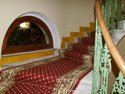 a set of stairs with a red and gold carpet at Apartmán pod rozhlednou in Roudnice nad Labem