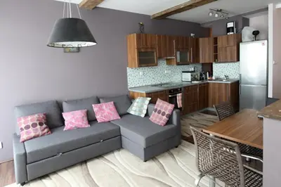 a living room with a couch and a kitchen at Hip Prague Area Central Flat in Prague