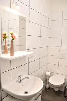 a white bathroom with a sink and a toilet at Flowers apartments in Prague